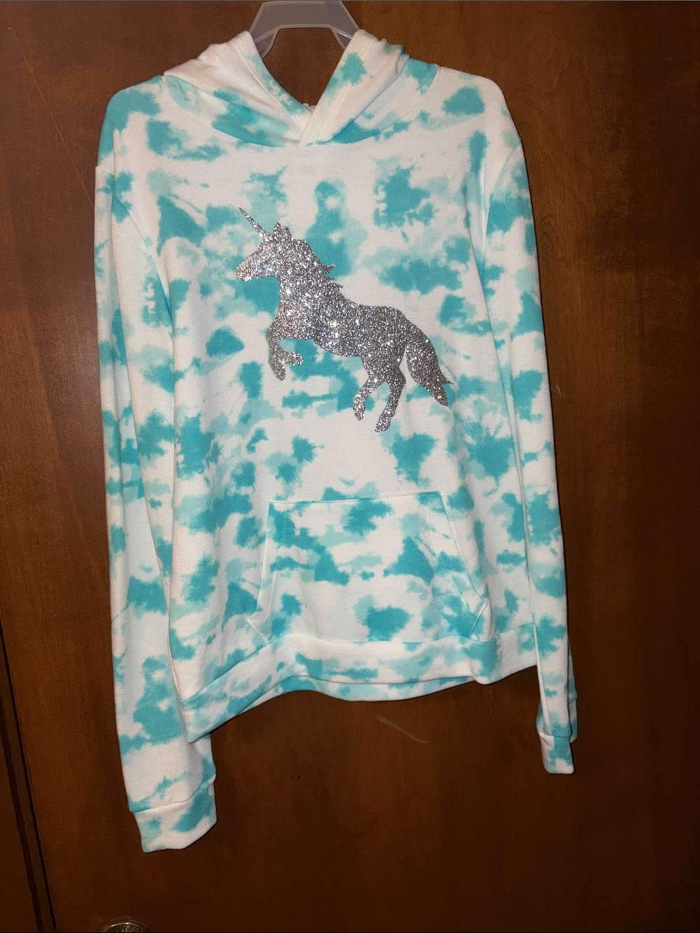 Girls Teal & White Tie-Dye Hoodie with Silver Unicorn